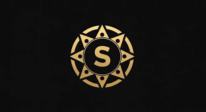 Letter S monogram within gold circular sunburst tribal border.