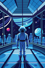 Astronaut Walking Through Space Station Corridor with Planets and Cosmic Light Illustration Scene © MDAKRAM