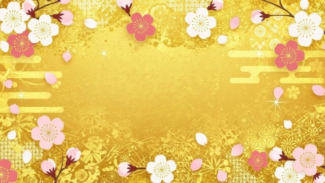 Soft pink cherry blossoms falling on golden bokeh background with warm sunlight glow