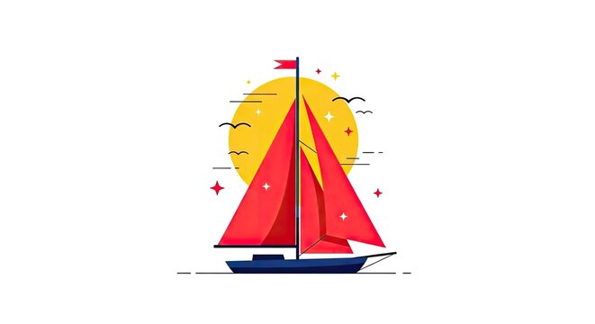 Minimalist red sailboat logo sailing at golden sunset.