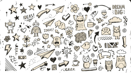 Hand drawn doodle vector set, black ink sketch elements with monsters and robots, creative notebook scribbles for bullet journaling and design © Zaingill