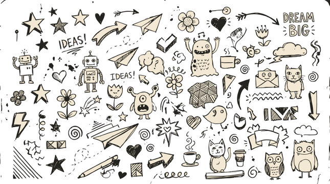 Hand drawn doodle vector set, black ink sketch elements with monsters and robots, creative notebook scribbles for bullet journaling and design