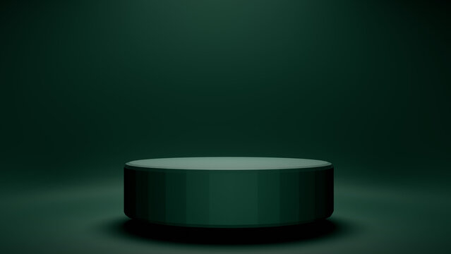 A green podium or pedestal for displaying products against a green background with a low platform. 3D visualization. A blank background for product display.