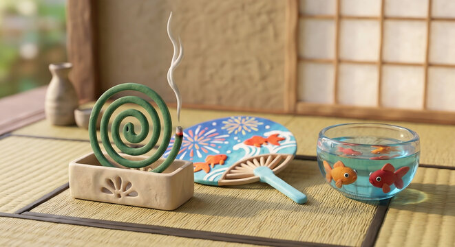 日本の夏の風情、畳の上で涼む蚊取り線香とうちわと金魚鉢の3Dイラスト