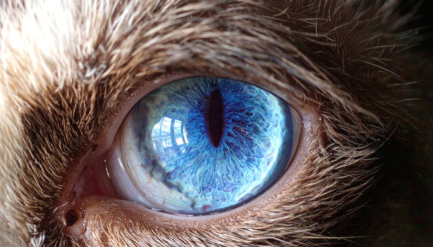 A mesmerizing close-up of a domestic cat's vivid blue eye, showcasing its intricate iris patterns and vertical pupil with a window reflection.