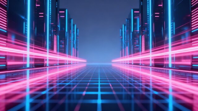Futuristic corridor with neon lights