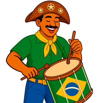 Homem brasileiro com chap&eacute;u de cangaceiro tocando tambor em Festa Junina, S&atilde;o Jo&atilde;o com a tem&aacute;tica do Brasil. Copa do Mundo. Sele&ccedil;&atilde;o Brasileira, Hexa.