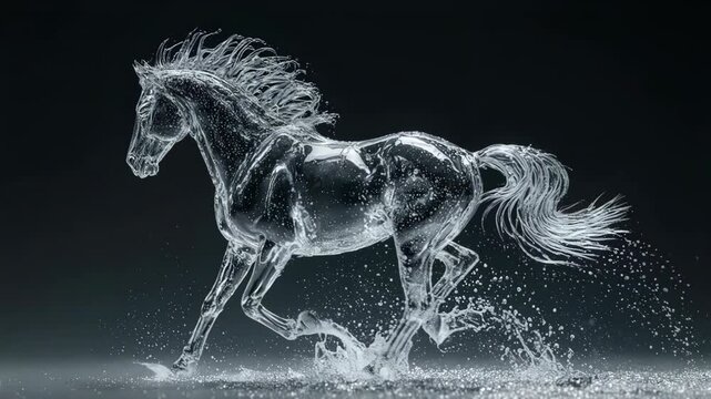 Elegant galloping horse silhouette formed by crystal clear water and silver dust splashes