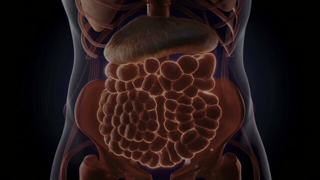 Human abdominal cavity with digestive system and organs visible