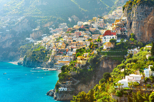 Morning view of Positano cityscape on coast line of mediterranean sea, Italy