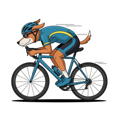 Naklejka premium Anthropomorphic dog cyclist in racing gear speeding on a road bike.