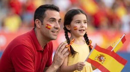 Obraz premium Father and daughter celebrating with spanish flags at an outdoor event
