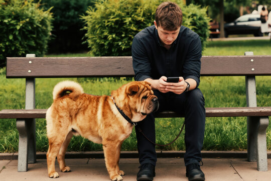 Man sitting on park bench using phone, dog waits patiently. Owner ignores pet, lost in mobile device screen. Digital distraction disconnects human animal bond.