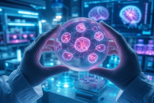 Futuristic Neuroscience Lab: Scientist Hands Holding Petri Dish With Glowing Neural Networks and Living Brain Organoids in Advanced Biotechnology Research