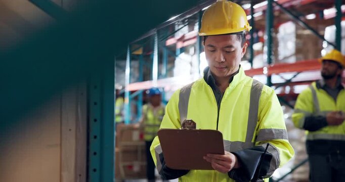 Shipping, writing and warehouse worker with stock checklist, inventory or freight manifest. Clipboard, man and logistics engineer at shelf for storage inspection, supply chain industry or cargo count