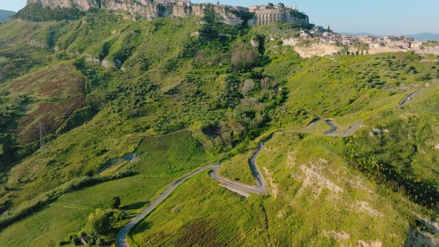 Calabria hill near the city of Gerace aerial view in the nature reveal
