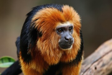 Obraz premium Golden headed lion tamarin monkey sits on tree branch. Small primate with bright orange fur on head and black body. Mammal looks right with curious expression. Endangered species portrait.