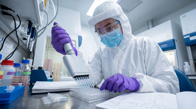 A scientist in full hazmat gear uses a multi-channel pipette on a multi-well plate at a lab bench. The low angle creates a tense feeling of clinical precision and critical research.