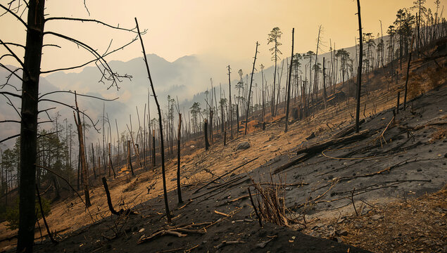 煙が残る焼け跡の斜面に被害の深さが見える山火事後の記録写真
