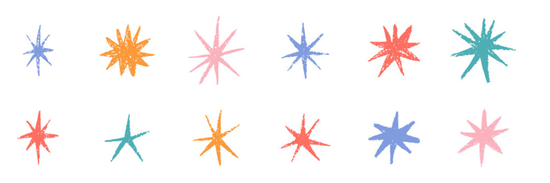 Colorful hand drawn crayon stars with pencil sketch texture for kids design. Cute doodle sparkle elements, pastel scribbles and childish shapes for school art, patterns, decoration and backgrounds.