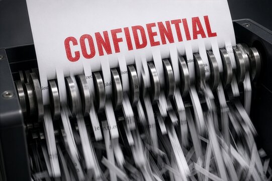 Top Secret Confidential Document Being Shredded in Industrial Paper Shredder - Secure Data Destruction and Confidential Information Protection