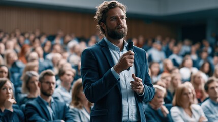 Obraz premium Male Speaker Holding Microphone During Business Conference 