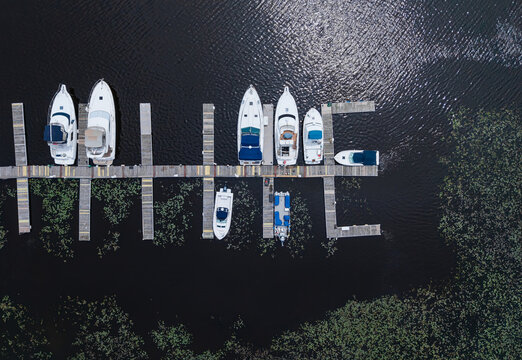 Aerial view of boats and a dock on the Charles River in Watertown, Massachusetts in May 