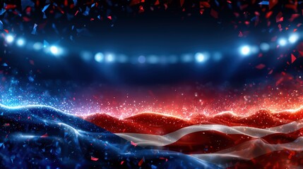 Fototapeta premium Dynamic Patriotic Flag Waving with Stadium Lights and Confetti