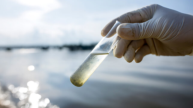 Gloved Hand Hold Test Tube with Contaminated Water Sample Near Lake. Global Environmental Crisis and Water Pollution. Clean Water Research