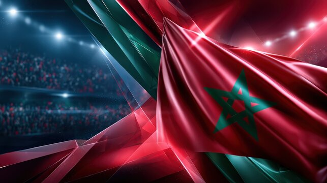Morocco Versus France Flags Waving with Stadium Lights and Crowd