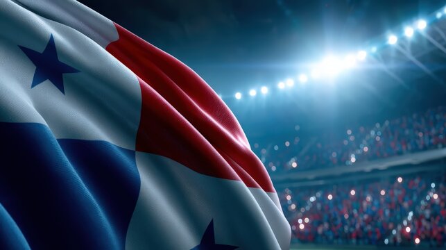 Panama Flag Waving in Stadium with Crowd and Bright Lights