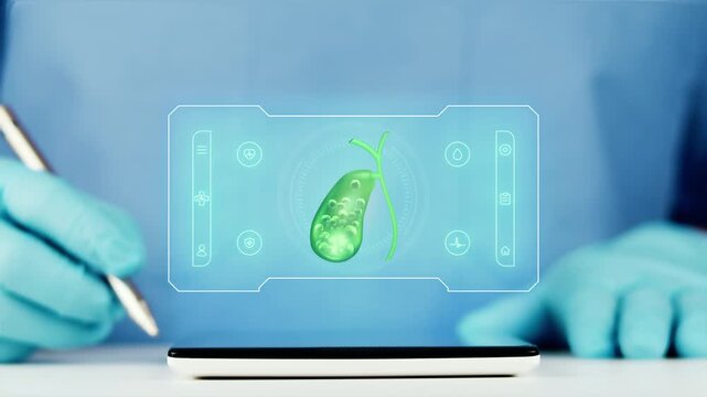 The doctor presents a digital interface of the gallbladder on his tablet. AI-powered telemedicine for monitoring and analyzing the gallbladder, detecting metabolic and biliary data.