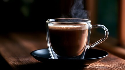 Obraz premium A close up shot of a glass cup of coffee with warm steam rising creating a cozy and aromatic atmosphere