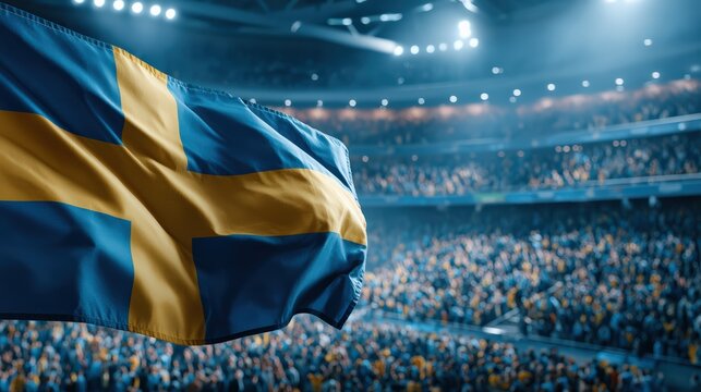 Proud Swedish Flag Waving Above a Cheering Crowd in a Stadium