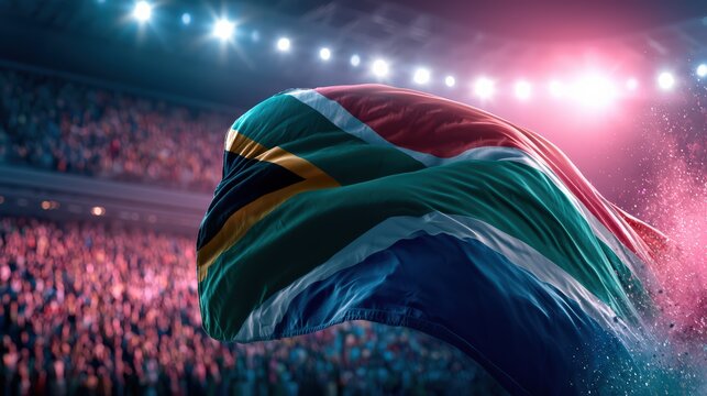 South African Flag Unfurling in a Stadium with Cheering Crowd
