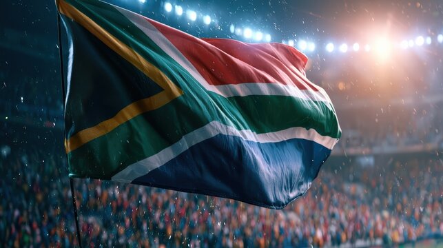 South African Flag Waving Proudly in a Packed Stadium