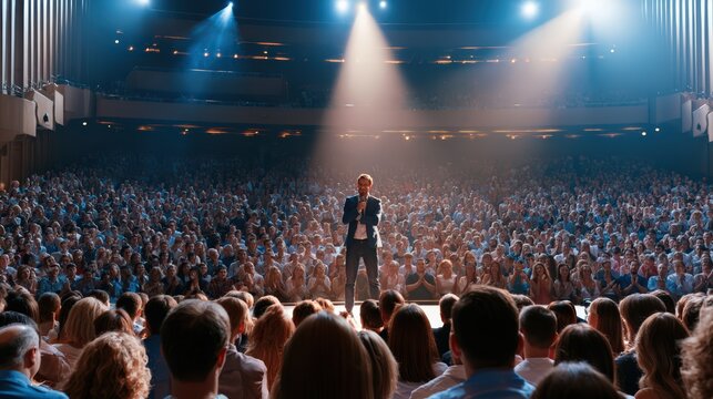 Speaker on Stage Addressing Large Audience Under Spotlight at