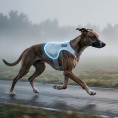 Fototapeta premium Dog running outdoors in misty field wearing service vest with medical symbol