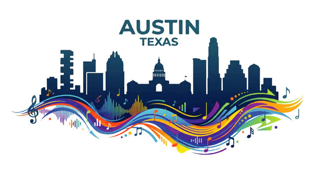 Austin Texas cityscape with colorful wavy lines and musical notes illustration
