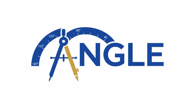 Angle word logo design with a drafting compass and protractor arc