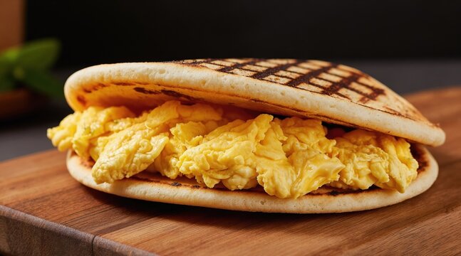 Fluffy scrambled eggs fill a toasted arepa, a traditional Venezuelan corn cake, served on a rustic wooden board. Simple comfort food, perfect for breakfast or a light snack.
