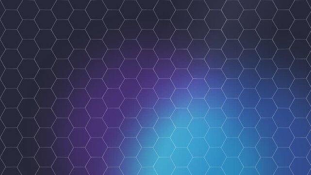 Abstract hexagon background seamless loop, glowing gradient shift from violet to blue with subtle light bloom, futuristic geometric pattern for branding and web design symbolizing digital energy