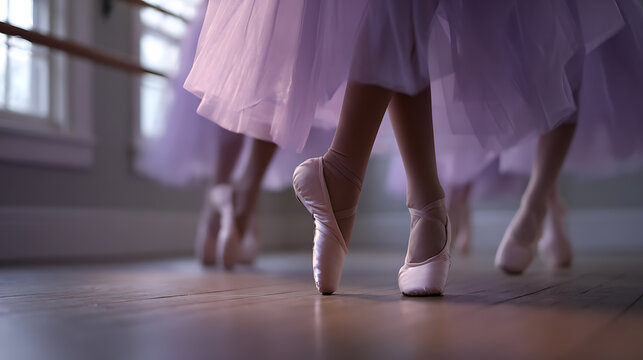 Graceful ballet dancer feet in pointe shoes with soft purple tutu skirt during practice, light background, focus on artistry and movement