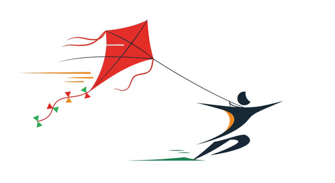 Minimalist Flat Vector Illustration of a Person Flying a Red Kite