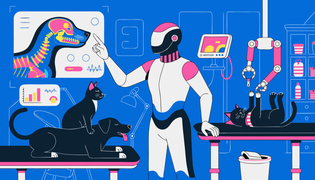 Very beautiful futuristic veterinary clinic with holographic medical displays, caring AI veterinarian, and adorable pets receiving advanced digital healthcare in cinematic vector illustration style.