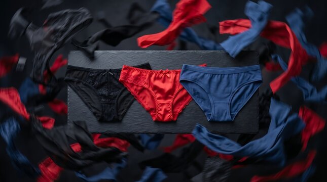 Three pairs of women's panties on stone board with blurred motion