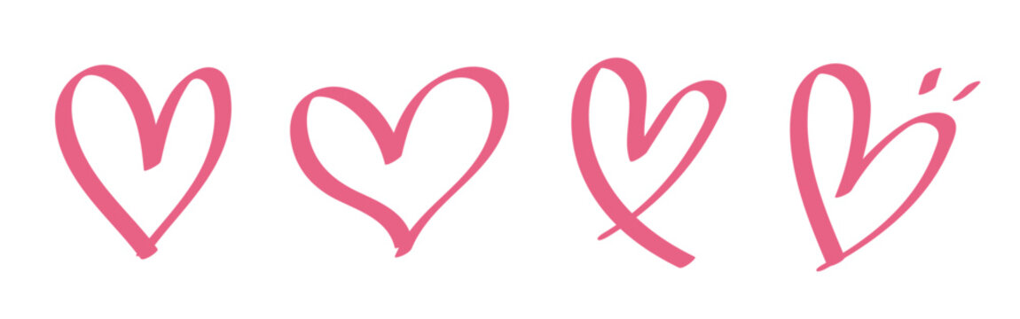 Vector of four pink hand-drawn heart designs on a white background.