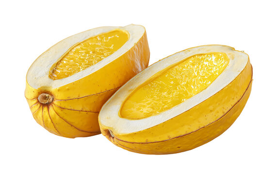 Fresh canistel fruit sliced open showing rich custard texture and vibrant tropical flesh on clean background Isolated on transparent background PNG