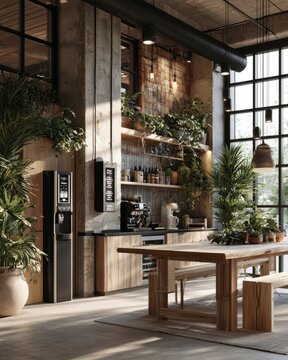 Modern apartment common room with refill station and plants in natural light