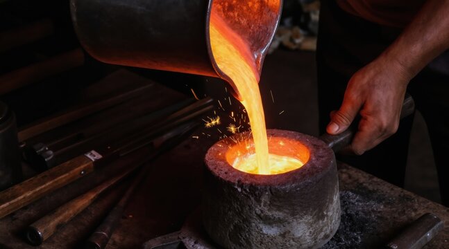 Craftsman pours molten metal into mold. Glowing liquid metal sparks fly as it streams from pot to vessel. Skilled worker uses old techniques in workshop. Intense heat and orange glow.